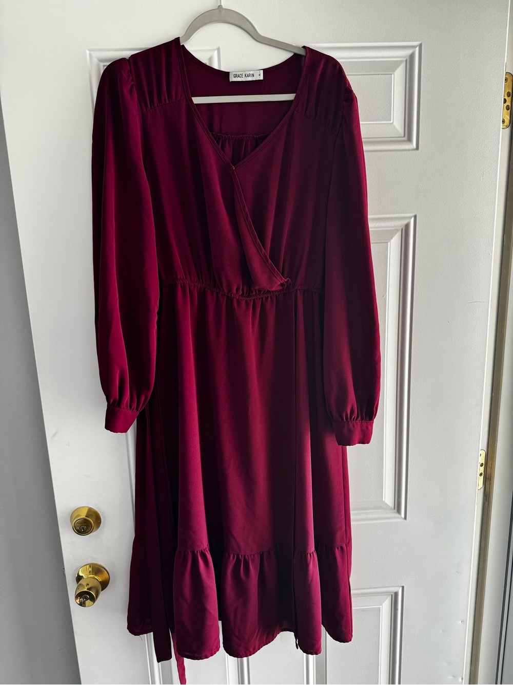 Grace Karin Wine Red Long Sleeve Wrap Midi Dress